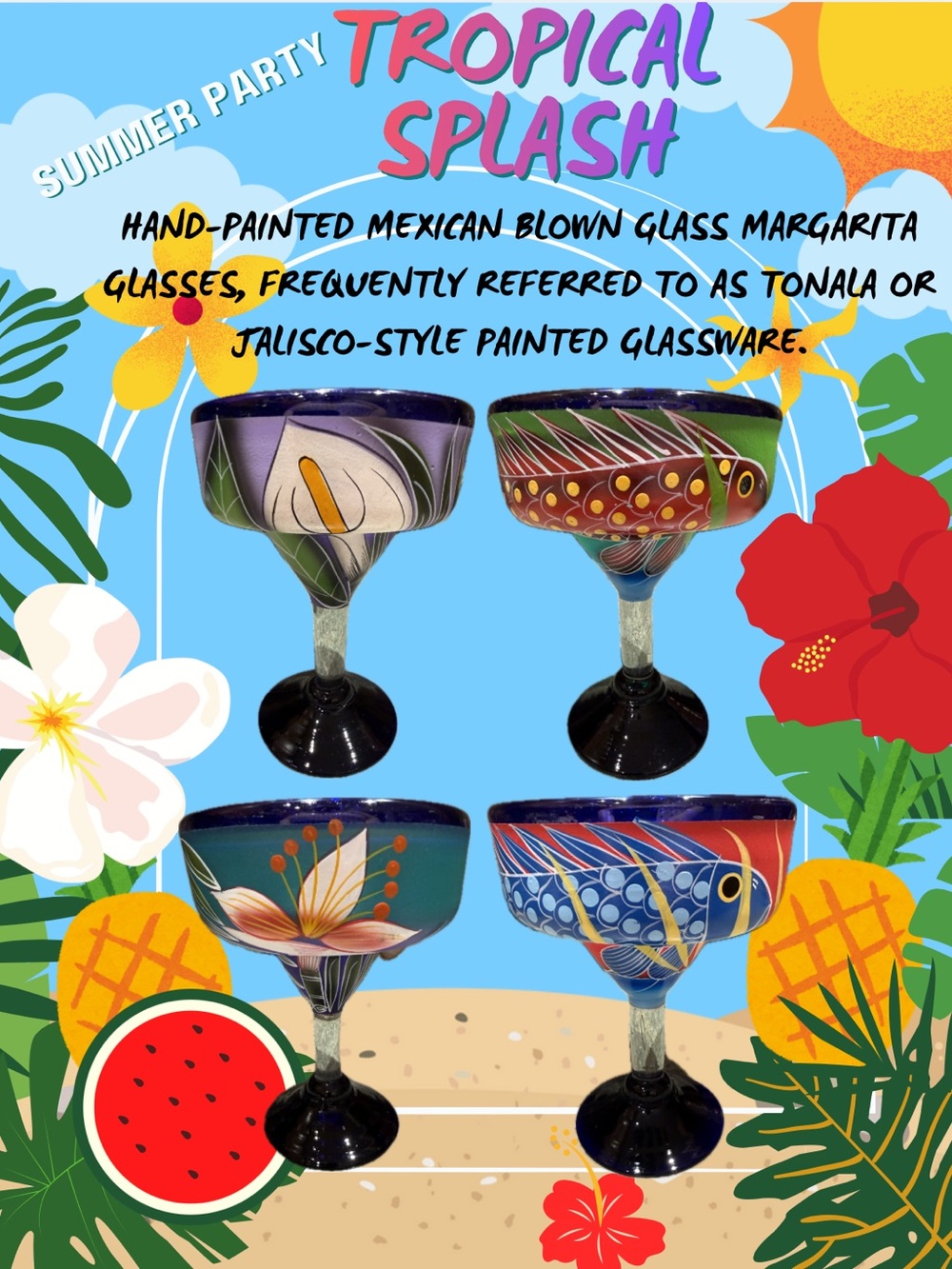 4 - Hand -painted Mexican blown glass margarita Tonala, Jalisco glasses.